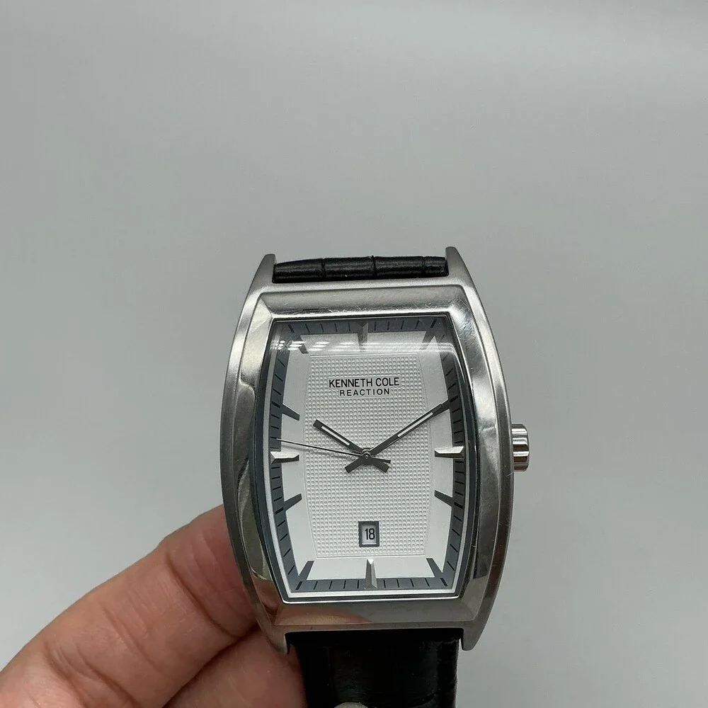 Kenneth Cole Reaction Men Watch 35mm Silver Tone Leather Date KC1667 New Battery